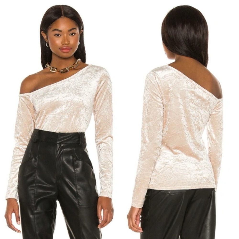 525 Asymmetrical One Shoulder Top in Champagne- Cream Crushed Velvet LongSleeve